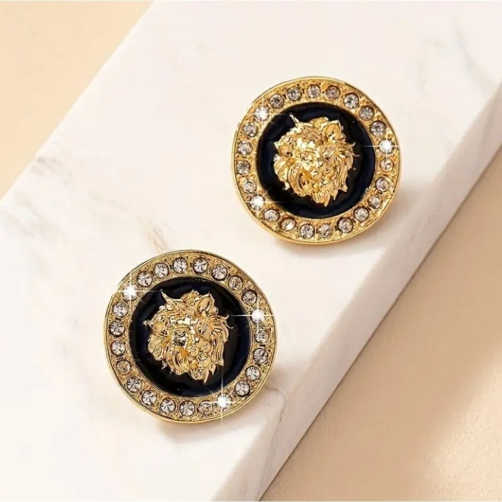 Gold Black Lion Head Charm Pendant Stud Earrings